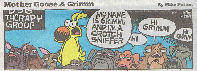 Grimm the dog is in a dog therapy group and admits he's a crotch sniffer.