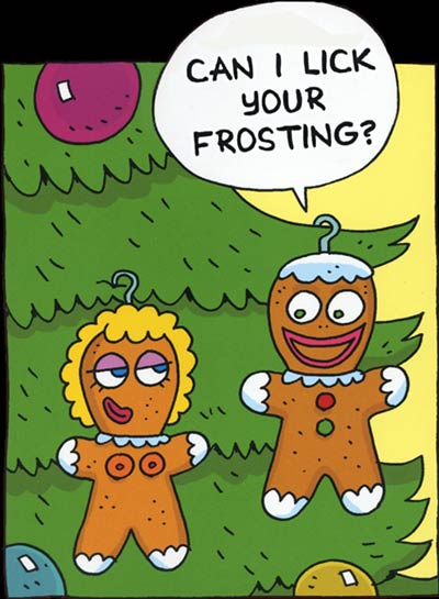 Gingerbread man asks if he can lick the frosting on a gingerbread woman