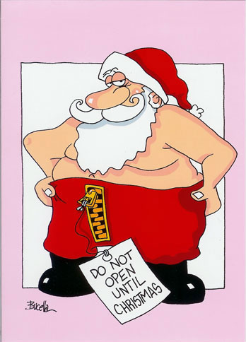 Santa with a big zipper, doesn't want to be open till Christmas. A cute cartoon.