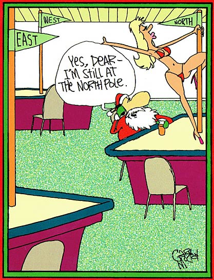Santa's sitting in a strip club watching a woman pole dance on a pole called "north".