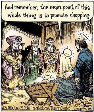 Virgin Mary tells three wiseman to remember the point is to promote shopping.