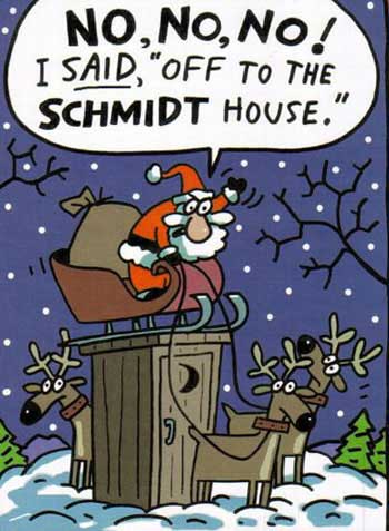Reindeers dump Sant on top of an out house instead of The Schmidt's House"