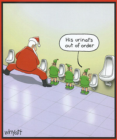 Santa's urinal is out of order so he has to stretch way down to the floor to use the elf's urinals.