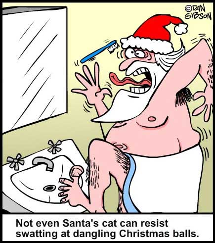 Santa's cat plays with his balls while shaving - not too risque