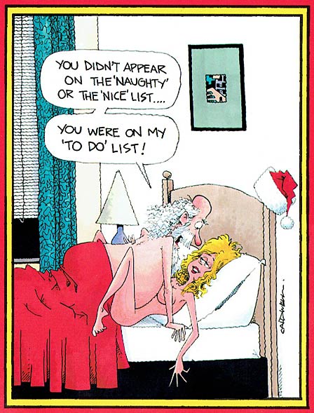 Santa spends time with a woman in bed.