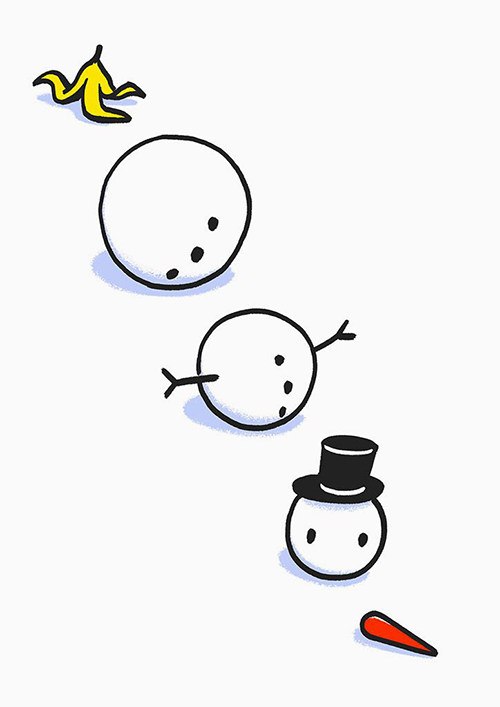 Snowman slips on a banana peel and falls completely apart, a funny cartoon.
