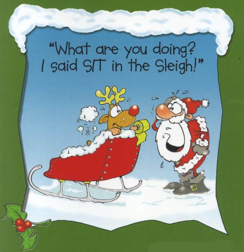 Santa shrieks because Rudolph misunderstood him and is going to the bathroom in Santa's sleigh.