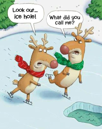Reindeer says, look out ice hole. The other reindeer gets angry and says, what did you calle me?