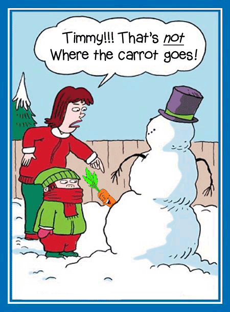 Cartoon of a son putting the carrot in the wrong place on a snowman