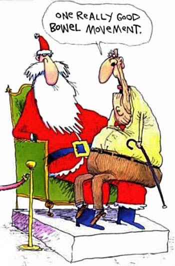 An old man is sitting on Santa's lap, all he wants is a good bowel movement