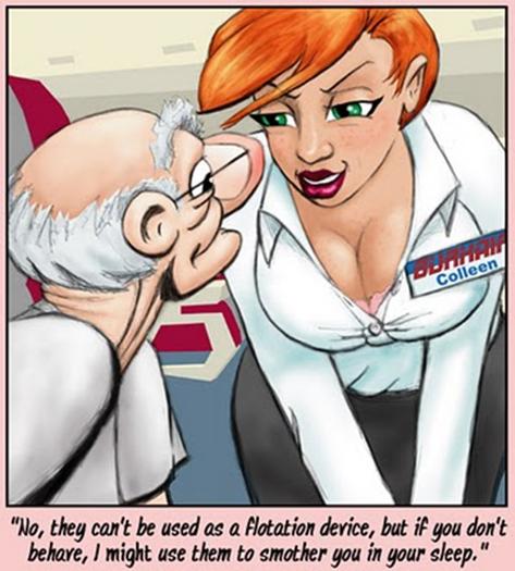 Stewardess warning old man what she'll do if he doesn't leave her alone, a funny cartoon