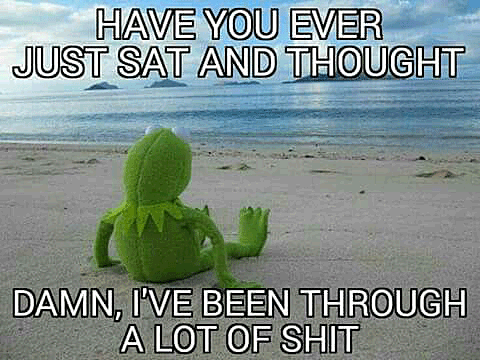 Cute cartoon of Kermit sitting on the beach.