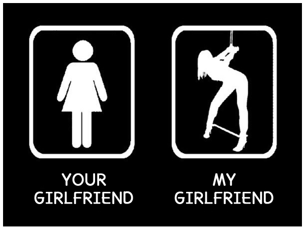 funny image of a normal bathroom sign type of woman vs a woman tied up in rope