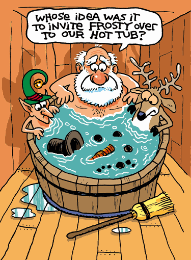 Animated hot tub scene, frosty the snowman completely melted in the hot water, animated