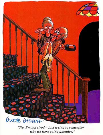Old lovers going up staircase to bed