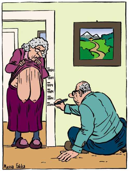 Old woman's huband measures time with her sagging breasts