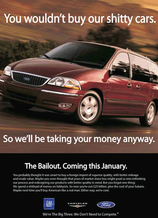 Pretty poster of a car and message: You wouldn't buy our shitty cars. So we'll be taking your money anyway.