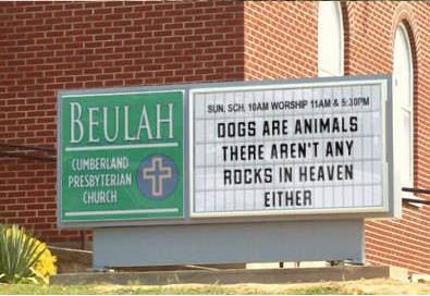 Presbyterian Sign: Dogs are animals, There aren't any rocks in Heaven either