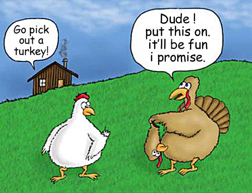 Turkey gives chicken a Turkey Costume, so he get's caught for dinner instead of the turkey.