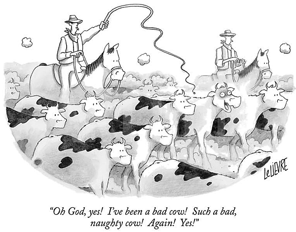 a cow in the herd that likes getting whipped and wants more, a funny cartoon.