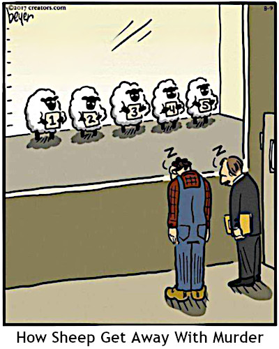 Sheep i a lineup, men count them and fall asleep. That's how sheep get away. A funny cartoon.