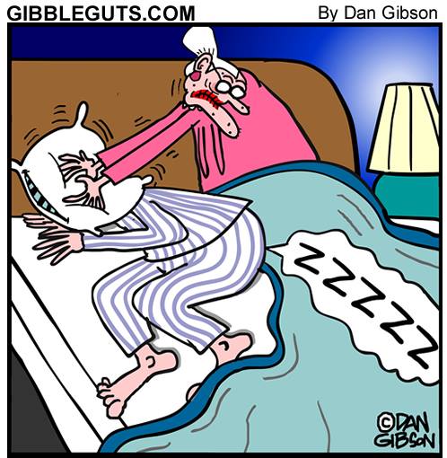 Cartoon of old woman putting a pillow over her husband's head which causes him to fart in zzzzzzz's