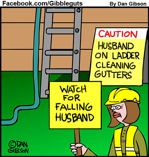Wife holding caution sign that says Watch For Falling Husband, a funny cartoon.
