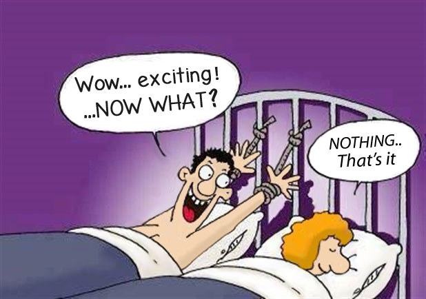 Cartoon man tied to bed says its exciting, now what? Woman tells him, nothing, that's it.