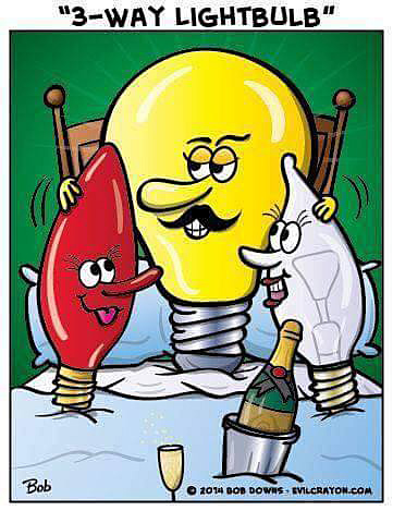 cartoon of a 3-way lightbulb and his friends.