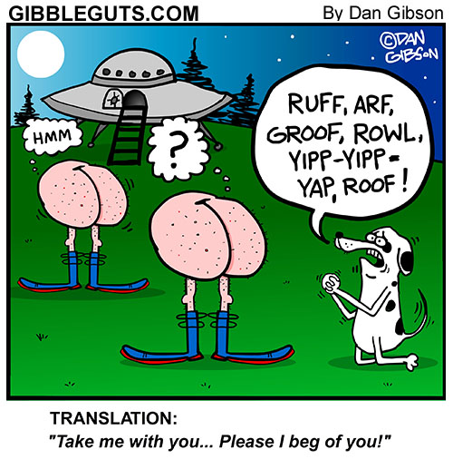 Aliens made from butts and feet heading back to their spaceship. A dog begs them to take him with them. A funny cartoon.