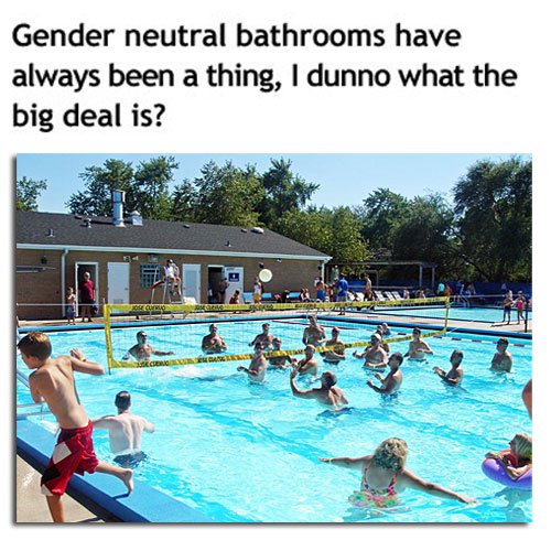 publc swimmng pool, a gender neutral bathroom