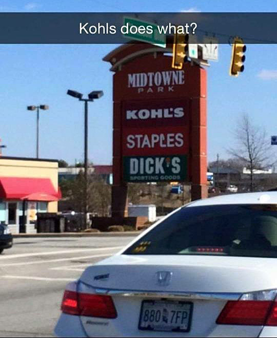 Shopping center with Kohl's, Staples and Dicks, a sign