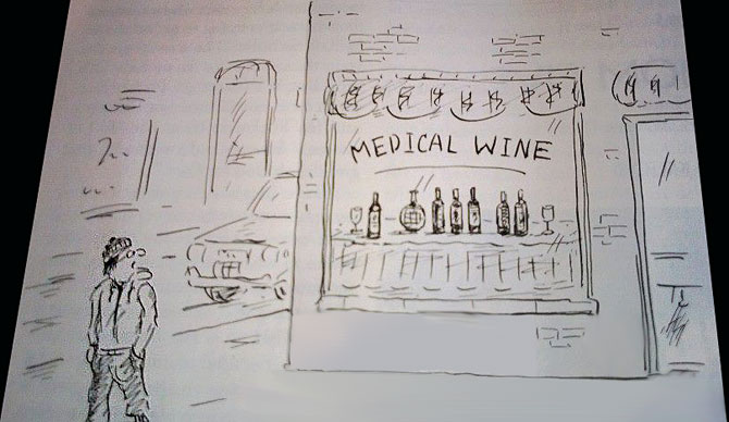 old fashioned cartoon showins old building with wine fetured in big front wondow. Sign says Medical Wine
