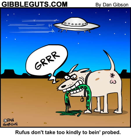 A dog in the desert holding part of martian tennicle in his teeth. It states, Rufus does not take kindly to being probed.