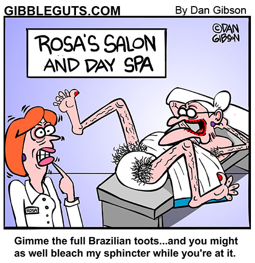 Cartoon of an old lady wanting a Brazilian wax.
