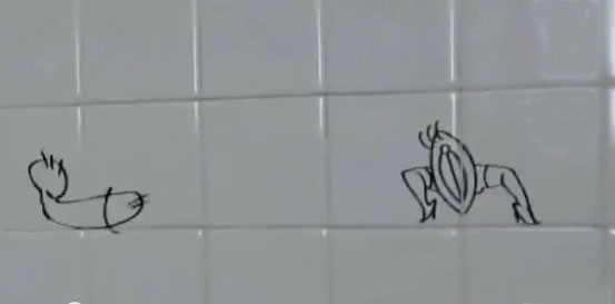 Animated cartoon in a real bathroom showing how to catch more woman. It's realy cute.