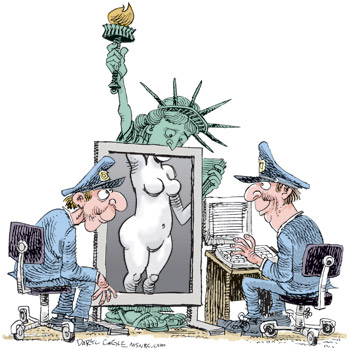 airport police scanning statue of liberty, she see's her naked body in the scanner