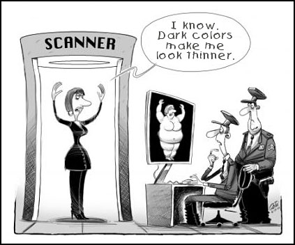 Woman looks great standing in scanner, policemen see very fat woman in scanner