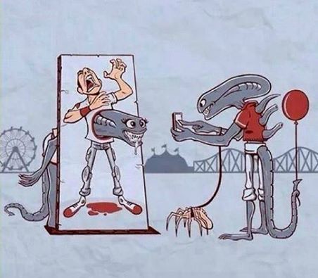 Two Aliens in a fun park, a sick cartoon