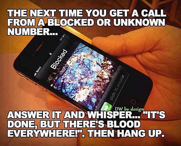 Next time answer a blocked phone number, whisper, It's done, but there's blood everywhere. Then hand up.