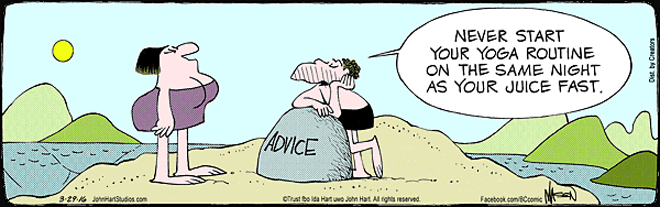 cave man leaning over a rock that says advise, advises, Never start your yoga routine on the same night as your juice fast. A funny Cartoon