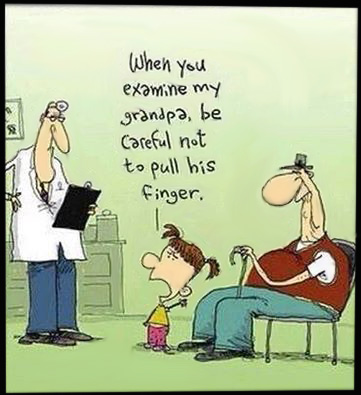 Little child asks doctor to not pull his grandpa's finger - a funny cartoon.