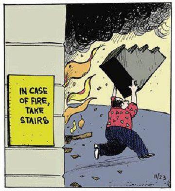 cartoon of a man carrying away his temporary front porch stairs, running from a fire in a mobile home.