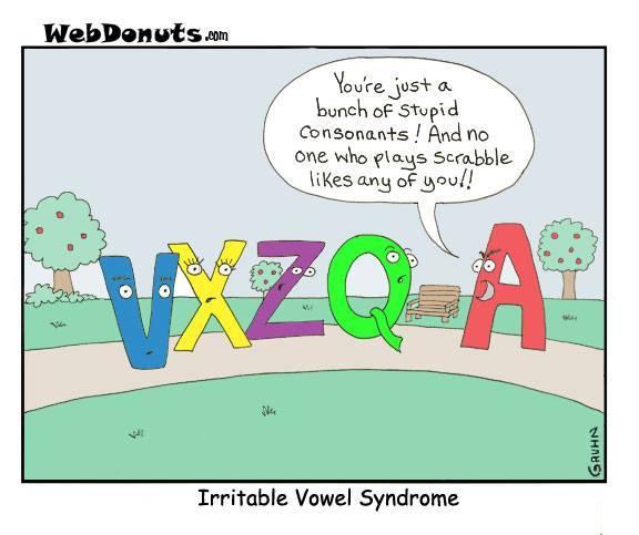 Cute cartoon of a vowell talking to consonants.
