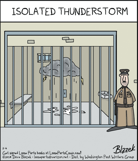 Cartoon of a thunderstorm being isolated in a jail cell.