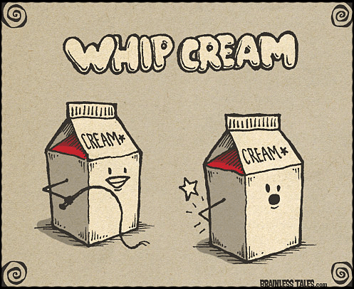 Two cute whipping cream containers, a funny cartoon