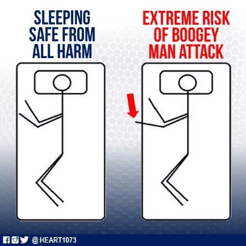 Cute cartoon of stickman. Keep hands in bed. One hand outside of bed puts one at extremem risk of boogey man attack.