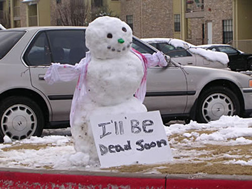 Photo of a real snowman has sign that says 