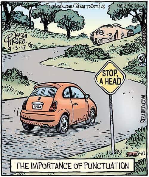 Stop Sign says Stop Ahead, there's a large head around the corner in the road, a funny cartoon