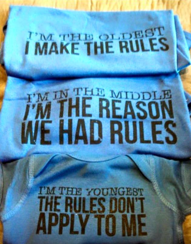 Funny t-shirts that show how the rules apply to the oldest, middle and youngest siblings.